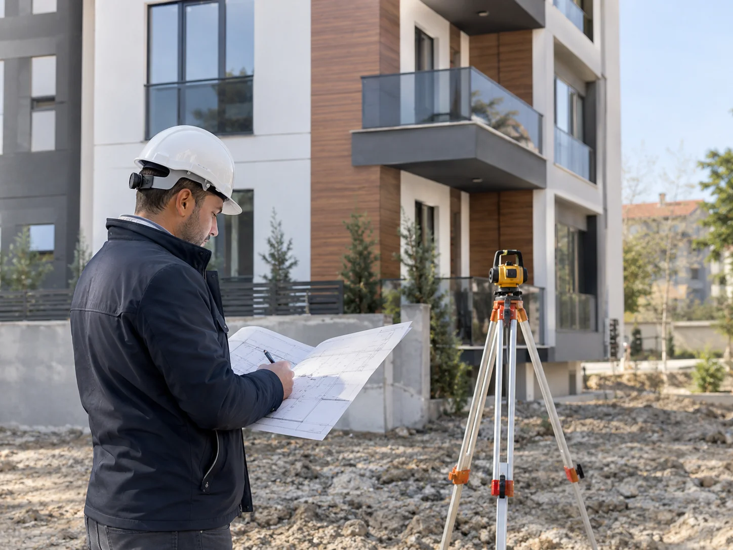 Modern konut önünde baretli kişi, teknik çizim ve tripodlu ölçüm cihazı